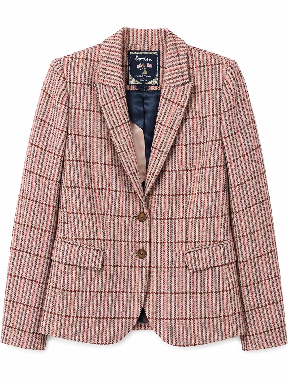 Boden British Tweed by Moon Plaid Blazer Pink Navy Wool Jacket Size US 8R